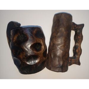 Vintage Folk Art Mug Hand Carved‎ Wood Beer Mug Nailed Handle Lot Of 2